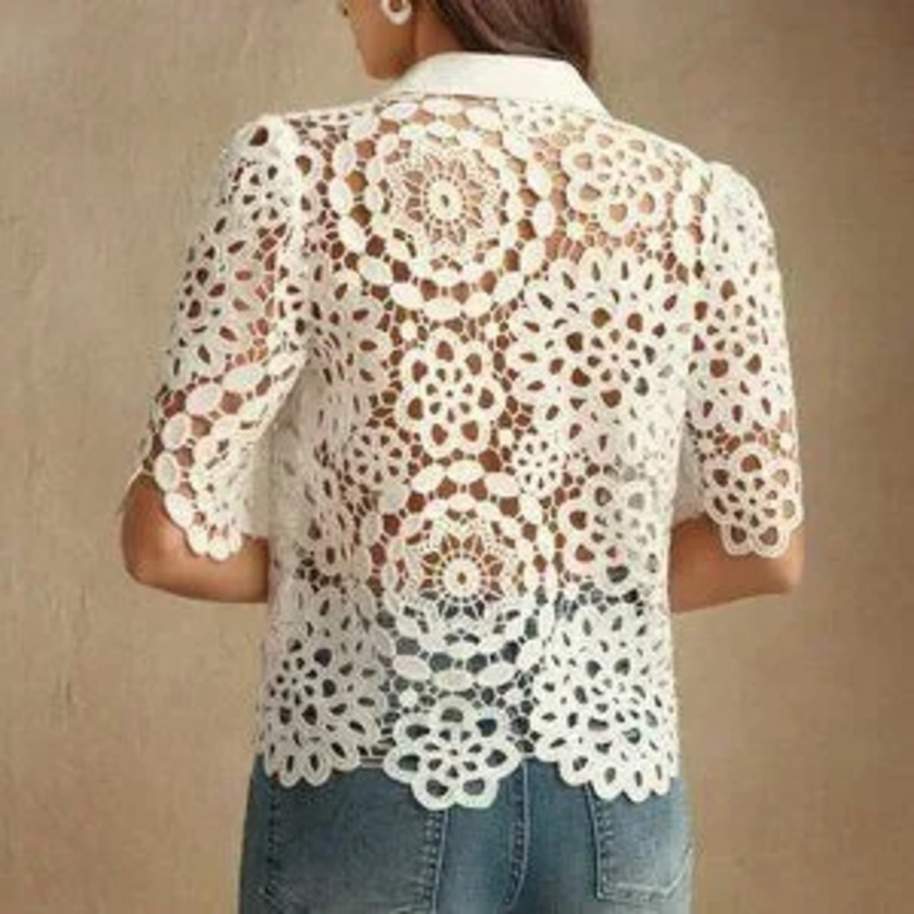ZARA white chic womens Elegant Floral Hollow-Out Lace Blouse - Picture 2 of 7